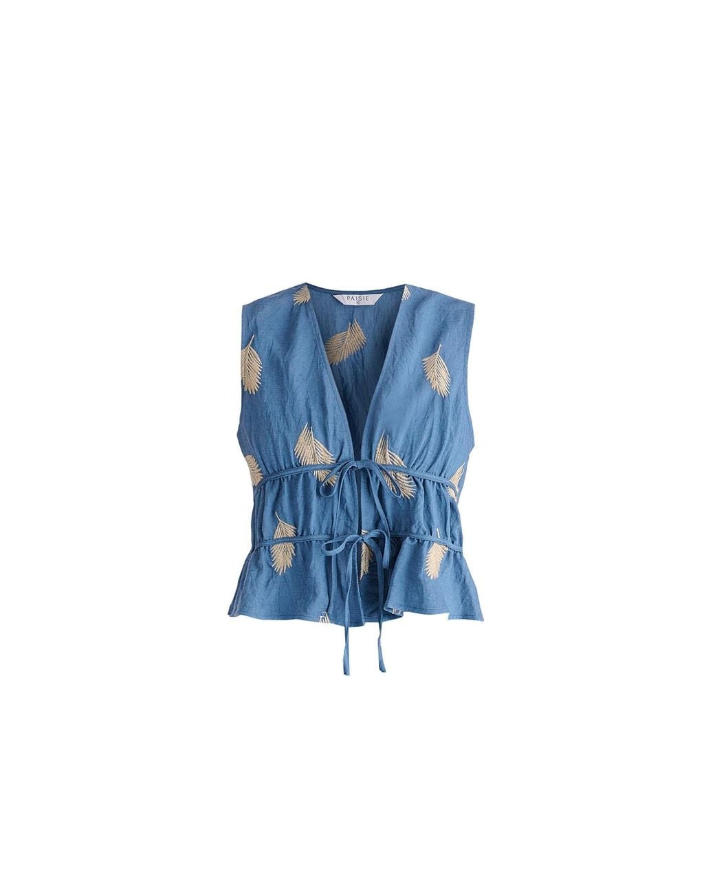 Paisie Blue Leaf Embroidered Tie Front Waistcoat
