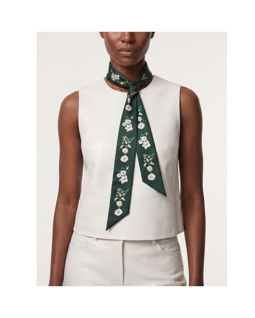 Jessie Zhao New York Green Silk Skinny Scarf Lily Garden