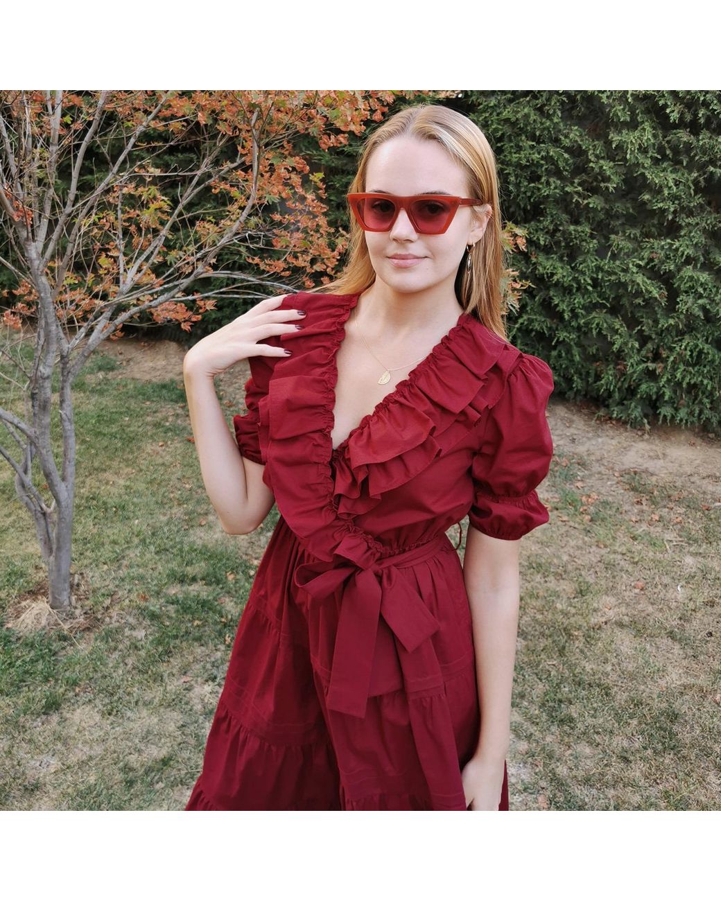 Lalipop Design Dark Cherry Red Double-breasted V-neck Cotton Dress With Ruffles