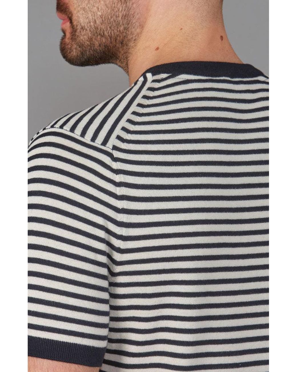 Paul James Knitwear Black Ultra Fine Cotton Antonio Knitted Narrow Breton Stripe T-Shirt for men