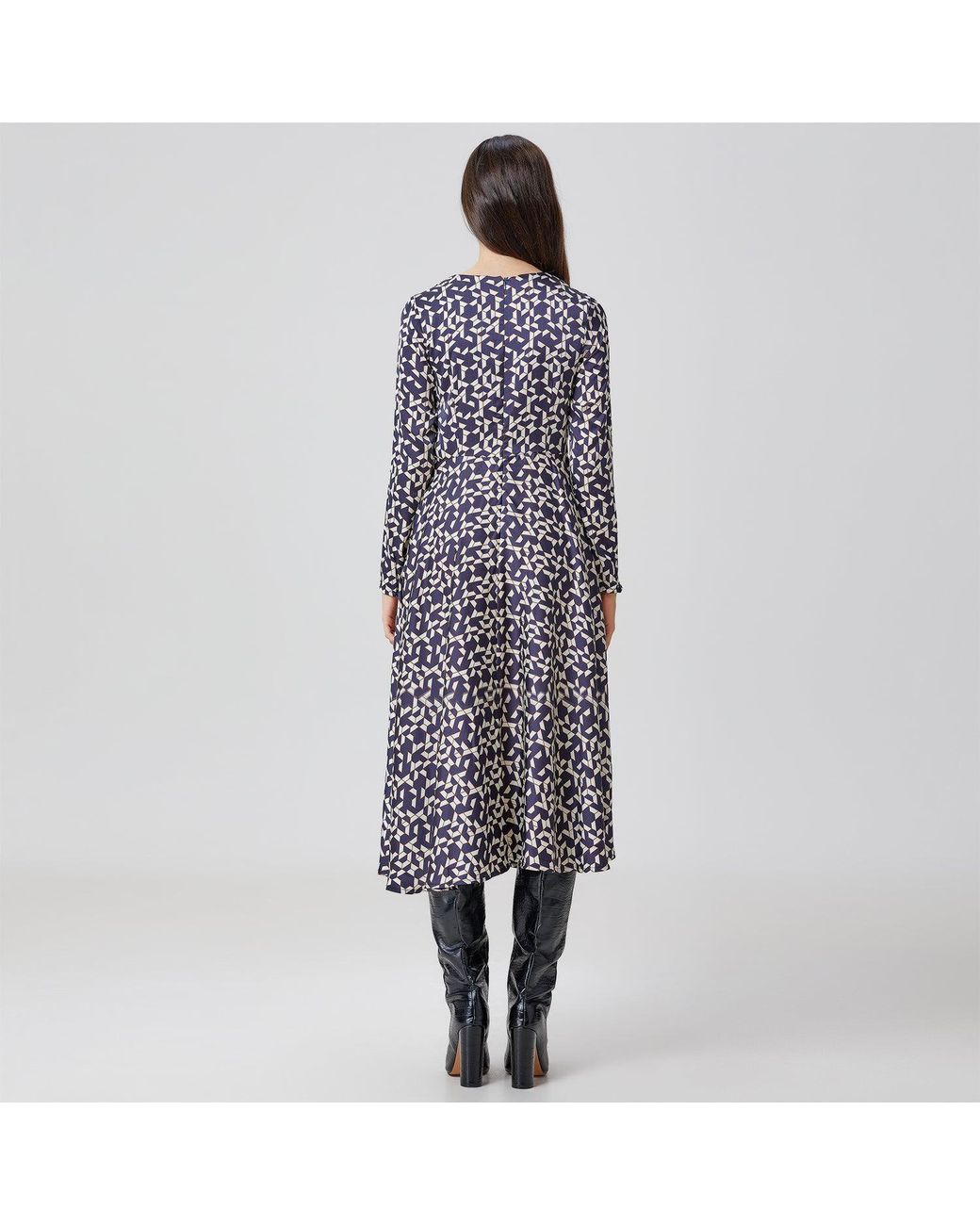 Smart and Joy Black Flared Printed Satin Dress With Side Knotted Panel