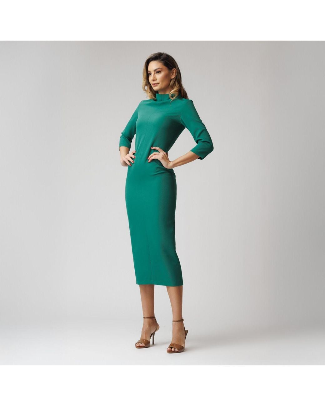 concept A trois Green Fitted Dress With Three-Quarter Sleeves And Slits