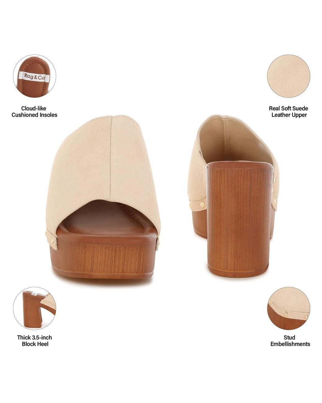 Rag & Co White Masaki Soft Suede Leather Wooden Clogs