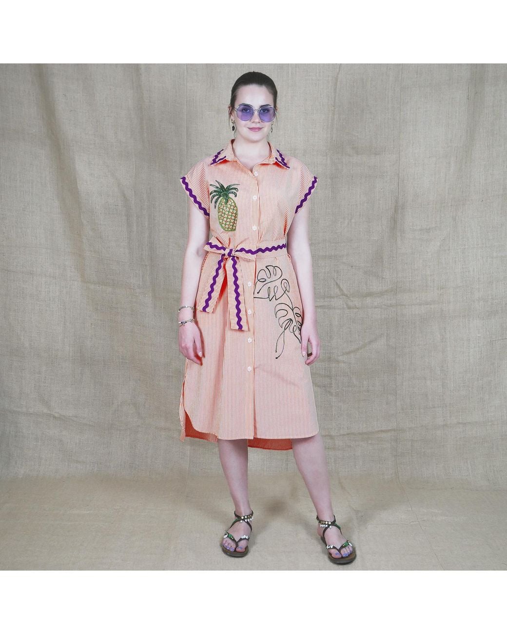 Lalipop Design Pink Pinstripe Cotton Shirtdress With Pineapple Embroidery