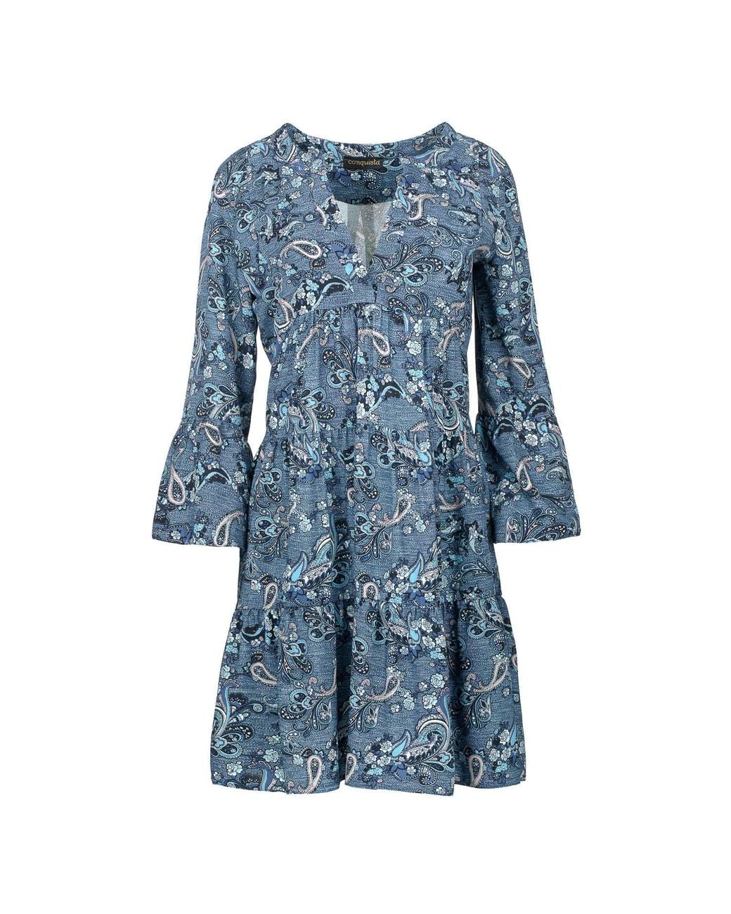 Conquista Blue Paisley Print A Line Dress