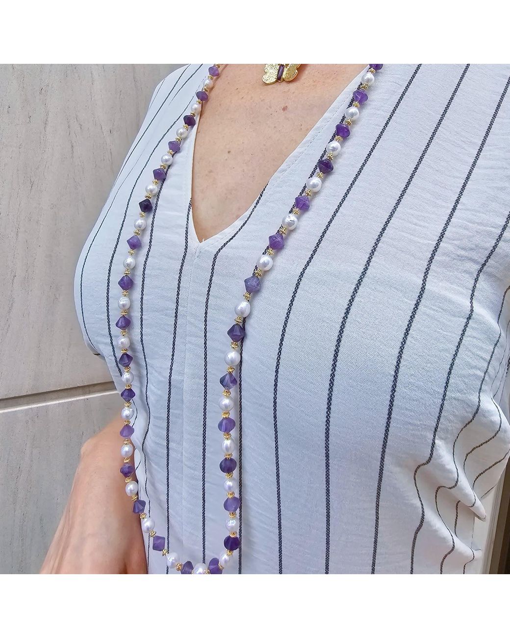 Farra Metallic Freshwater Pearls With Amethyst Long Versatile Necklace