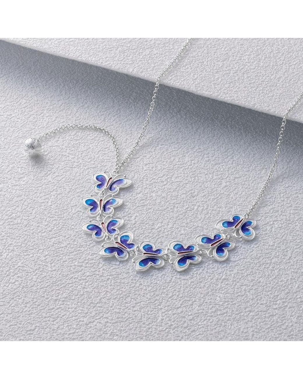 Far East Jewelry Blue Handmade Orchid Butterfly Necklace & Enamel