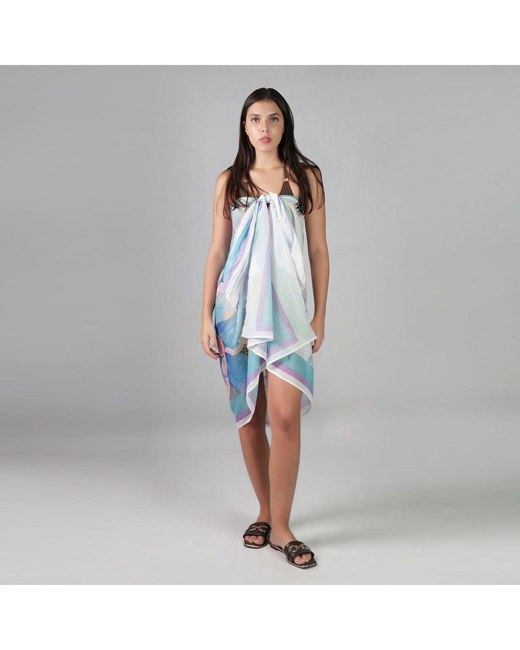DHARA SHETH DUBAI Blue Fleur Botanical Print Floral Resort Tube-Style Cotton Sarong