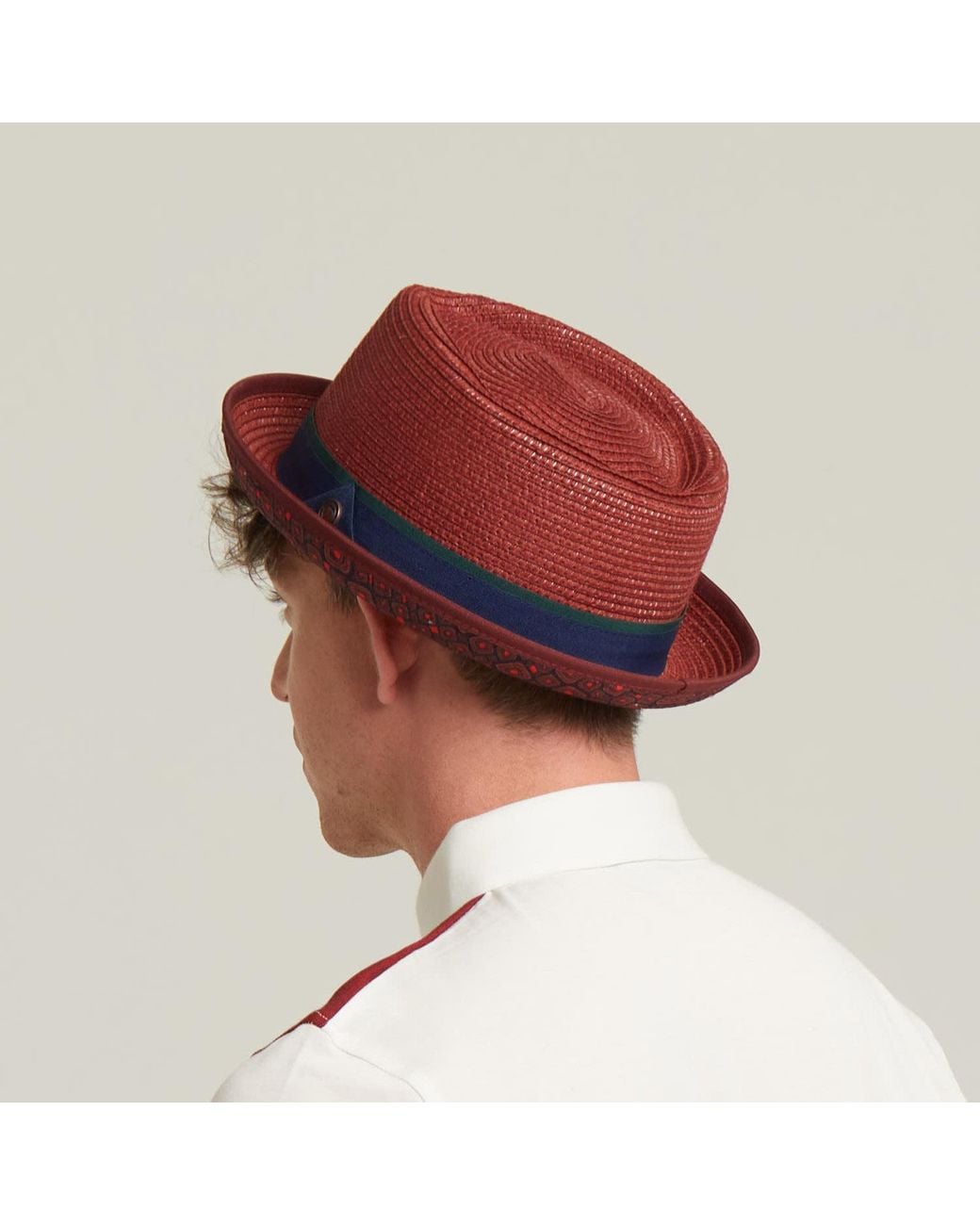 Dasmarca Hats Red Dasmarca Tommy Burgundy Summer Straw Porkpie Hat With Vintage Geometric Prints for men