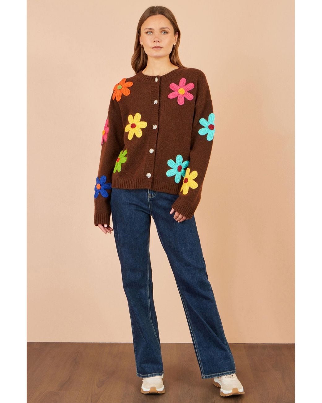 Yumi' Brown Knitted Flower Applique Cardigan