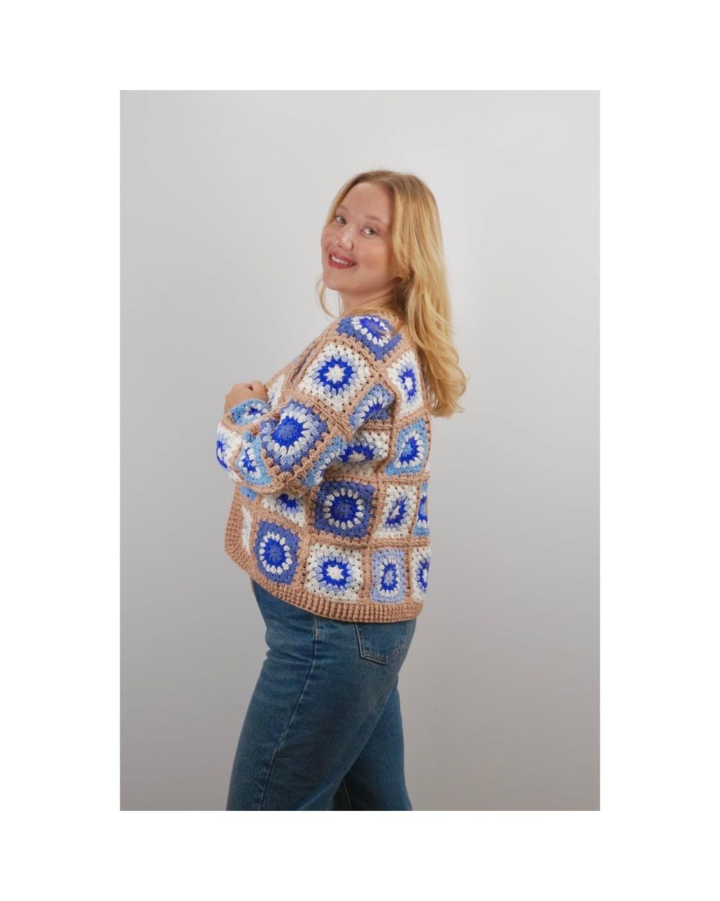 Ana Chic Blue Sunburst Granny Square Handmade Crochet Cardigan