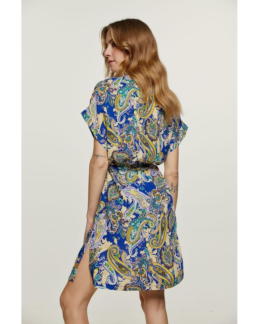 Conquista Blue Paisley Print Dress With Slits