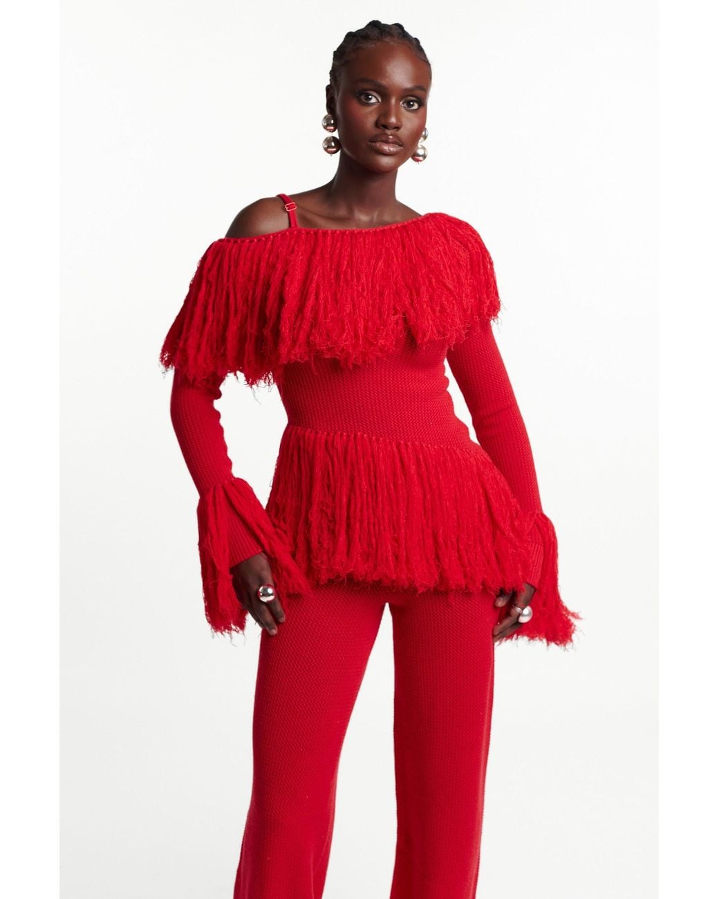 Ofuure Red Igho Fringe Pant Set