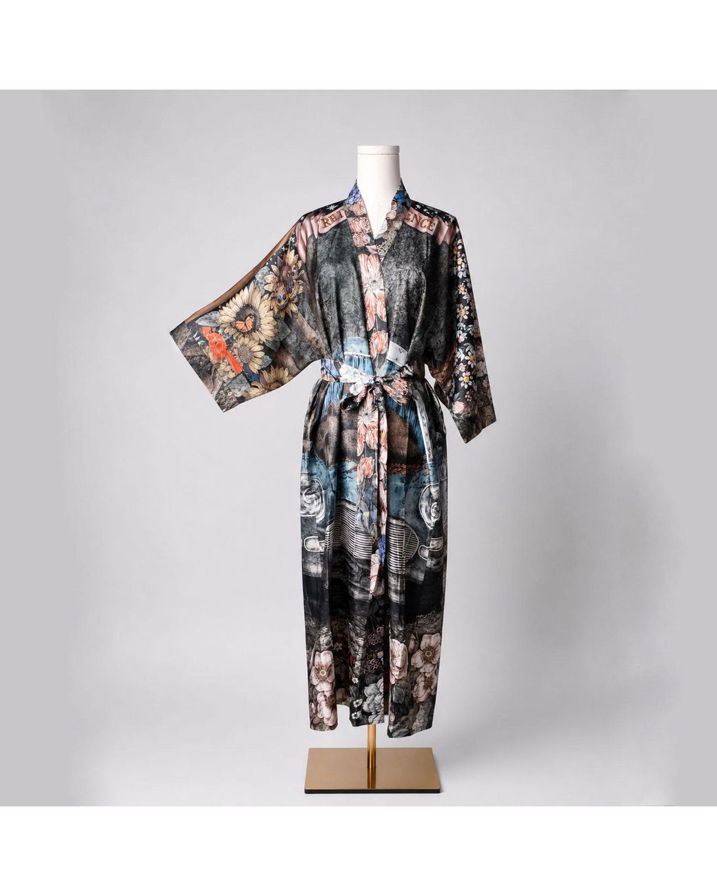 Wenzi Purple Return To Silence Double Sided Mulberry Silk Kimono Robe Reversible Luxury Floral Bear Bird Print Long Robe