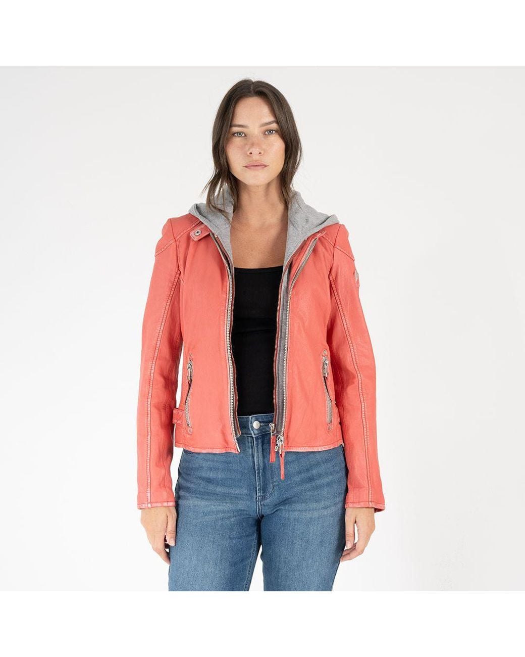 Mauritius Red Leather Moto Jacket Removable Hood Finja Coral
