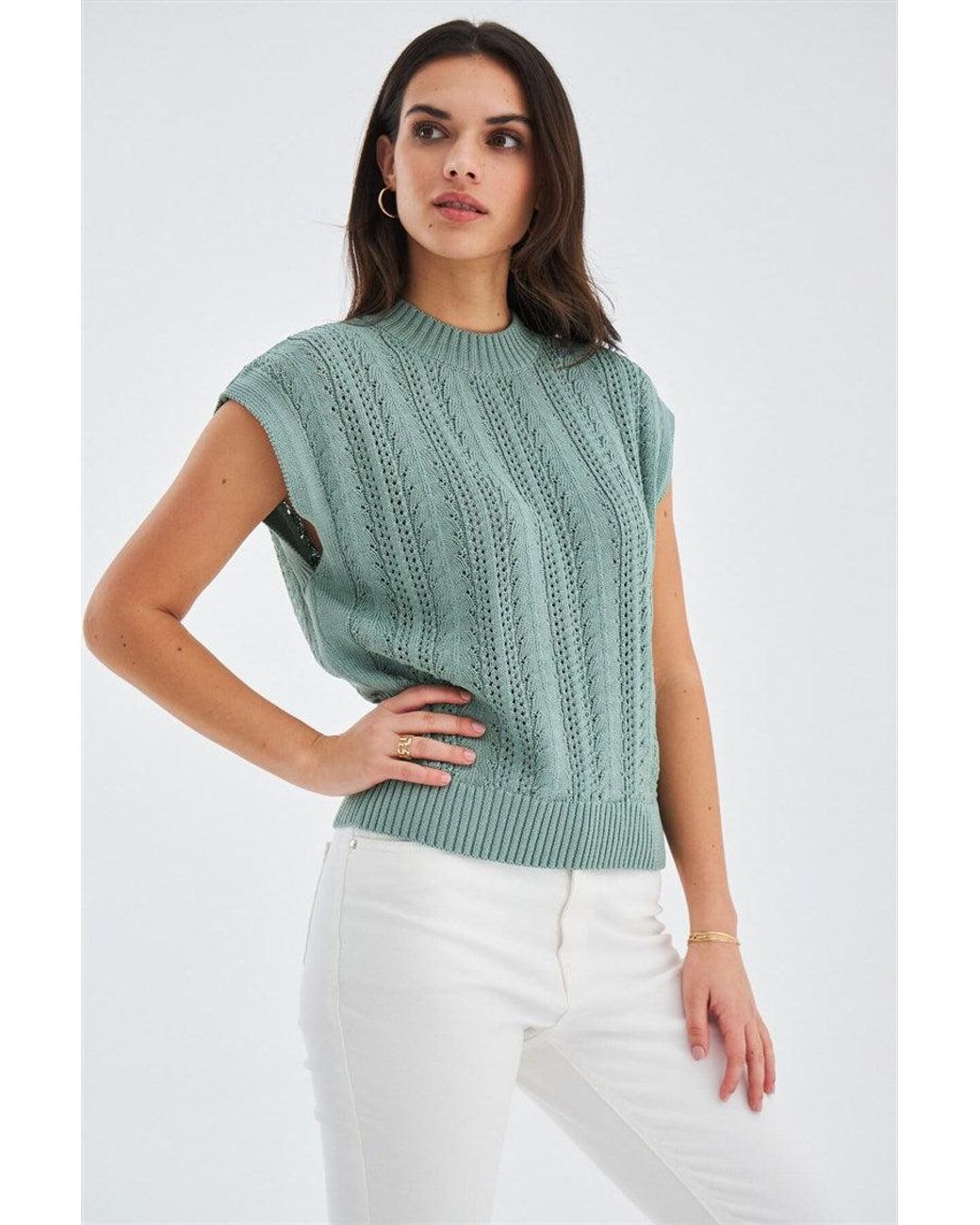 Peraluna Green Sima O-Neck Openwork Knit Blouse