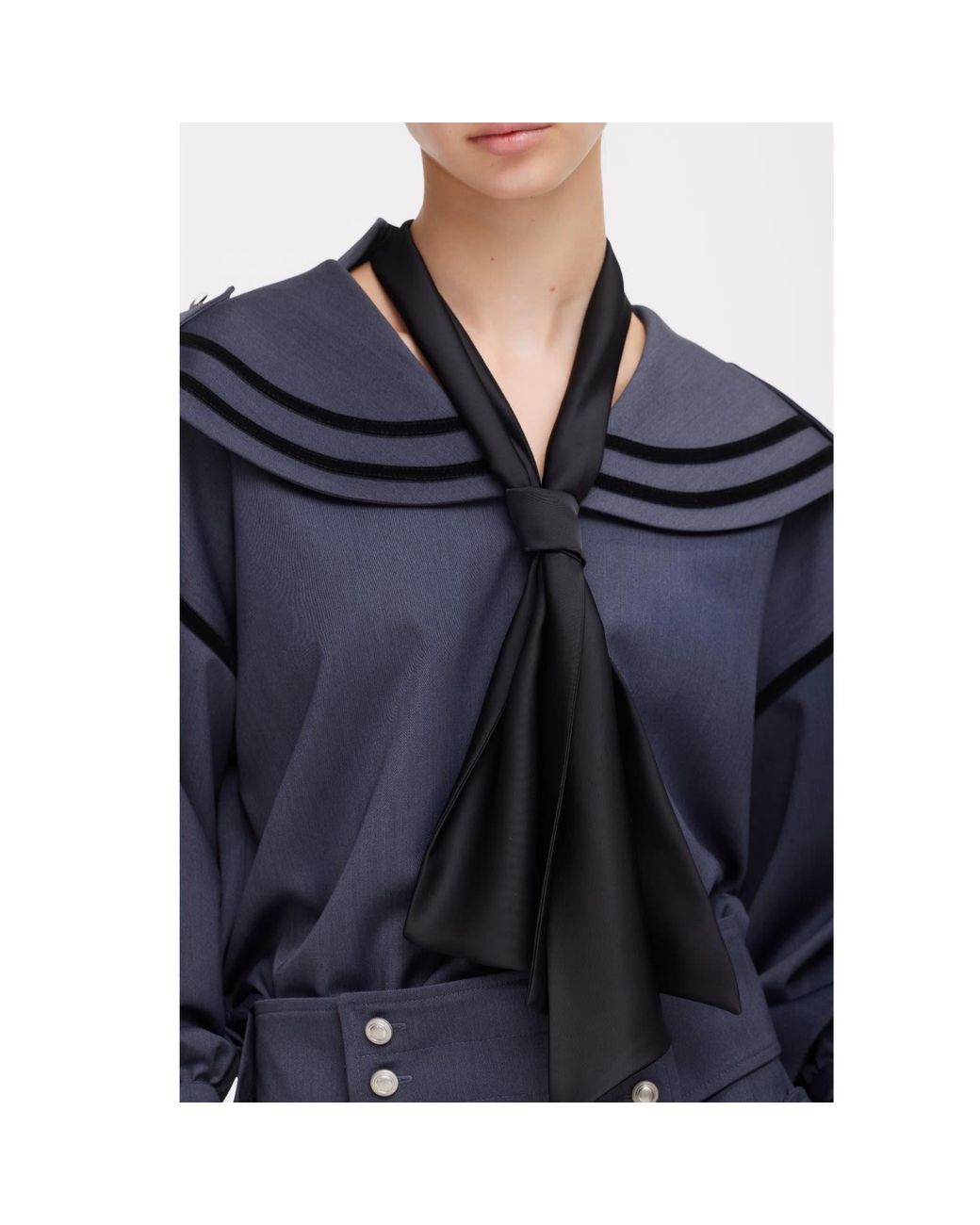 Julia Allert Blue Contrast Piping Sailor Collar Tie Front Blouse –