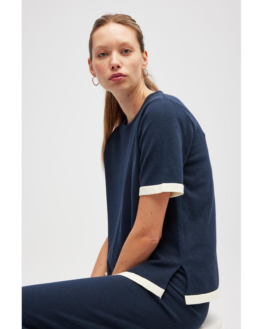 Peraluna Blue Rumi Knit Slit Cotton Blouse