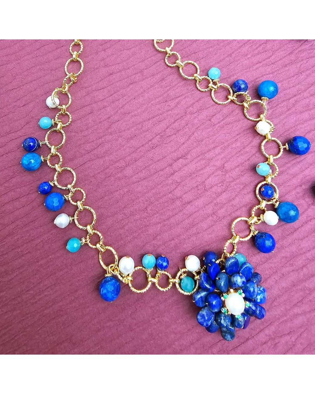 Farra Blue Handcrafted Flower Shaped Lapis Lazuli With Pearl Brooch