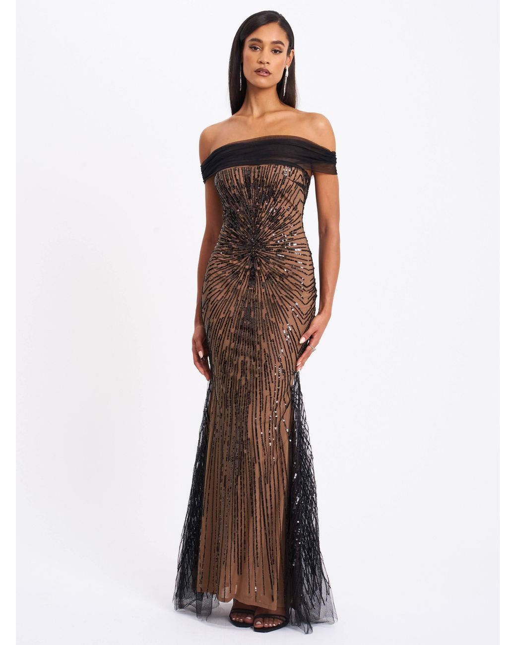 Miss Circle New York Black Qeturah Embroidered Sequin Off Shoulder Mesh Gown