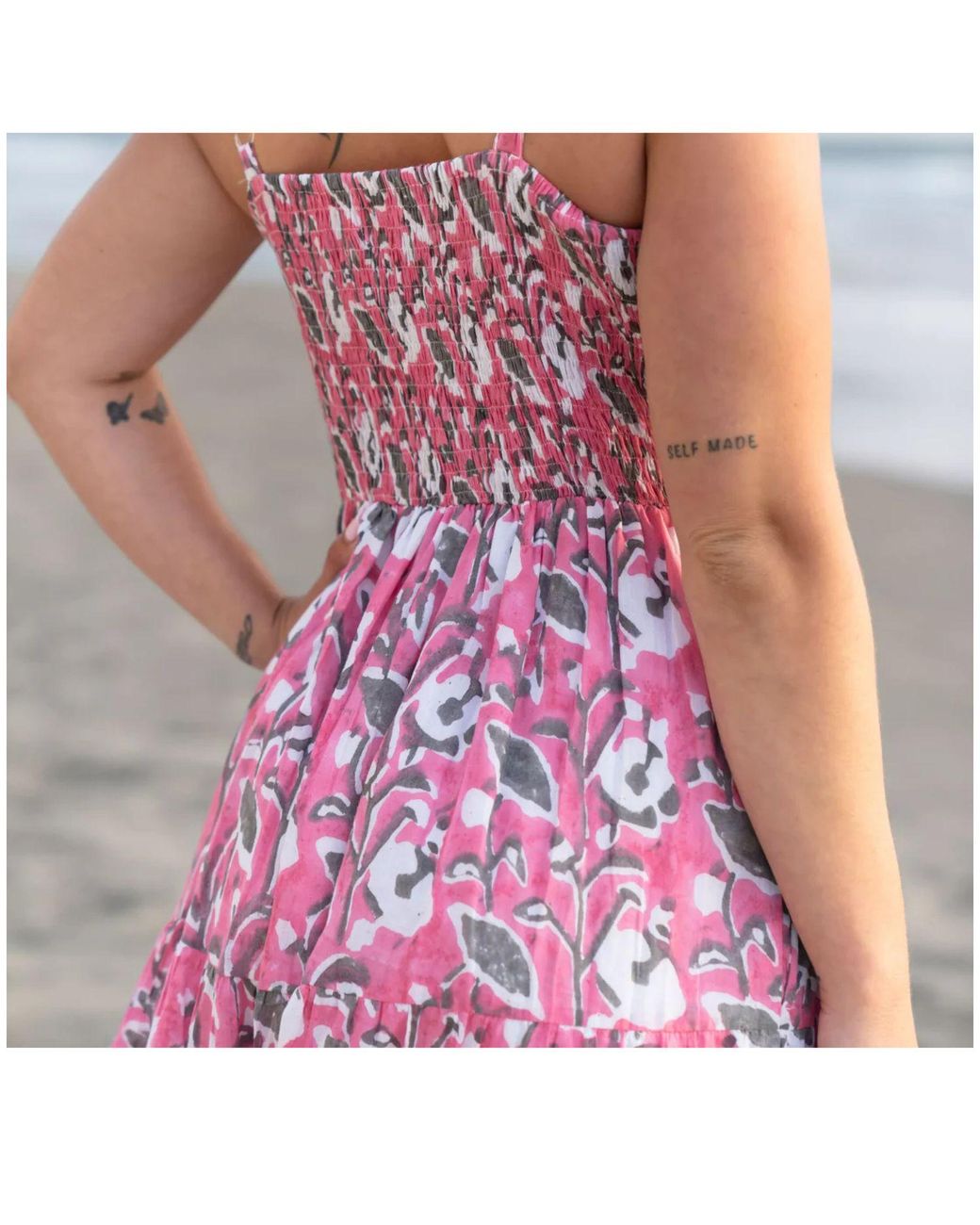House of Gl Pink Elira Cotton Sweetheart Neckline Midi Dress With Smocked Back