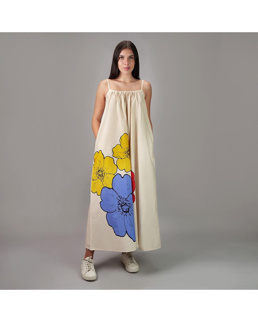 DHARA SHETH DUBAI White No. Three Floral Art Spaghetti Strap Maxi Dress