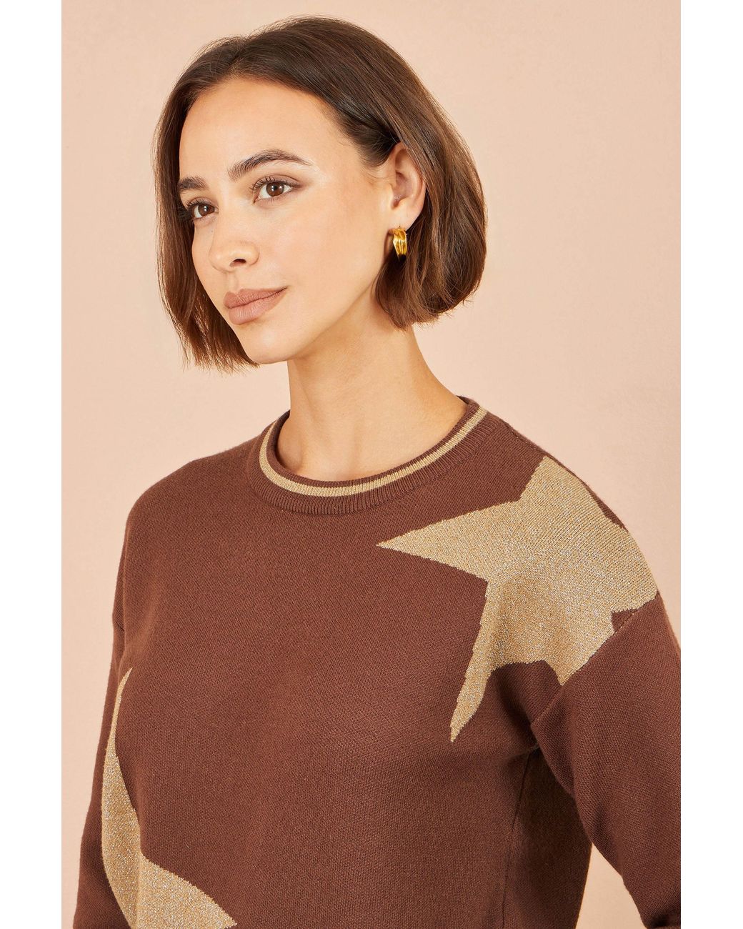 Yumi' Brown Viscose Star Relaxed Jumper With Sparkle