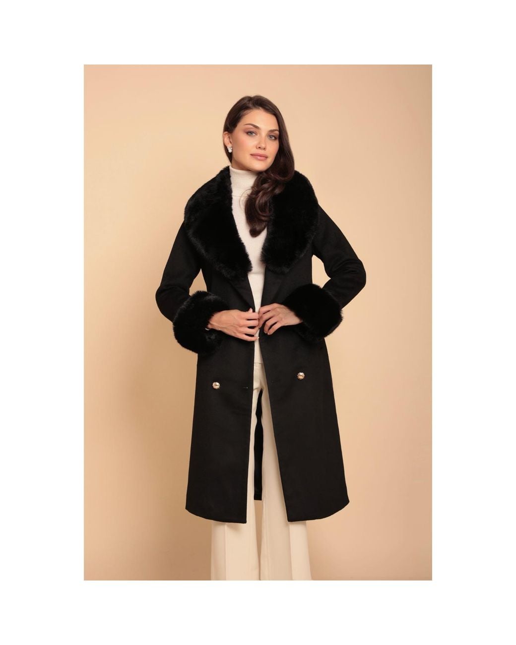Santinni Black Marlene Cashmere & Wool Coat With Faux Fur