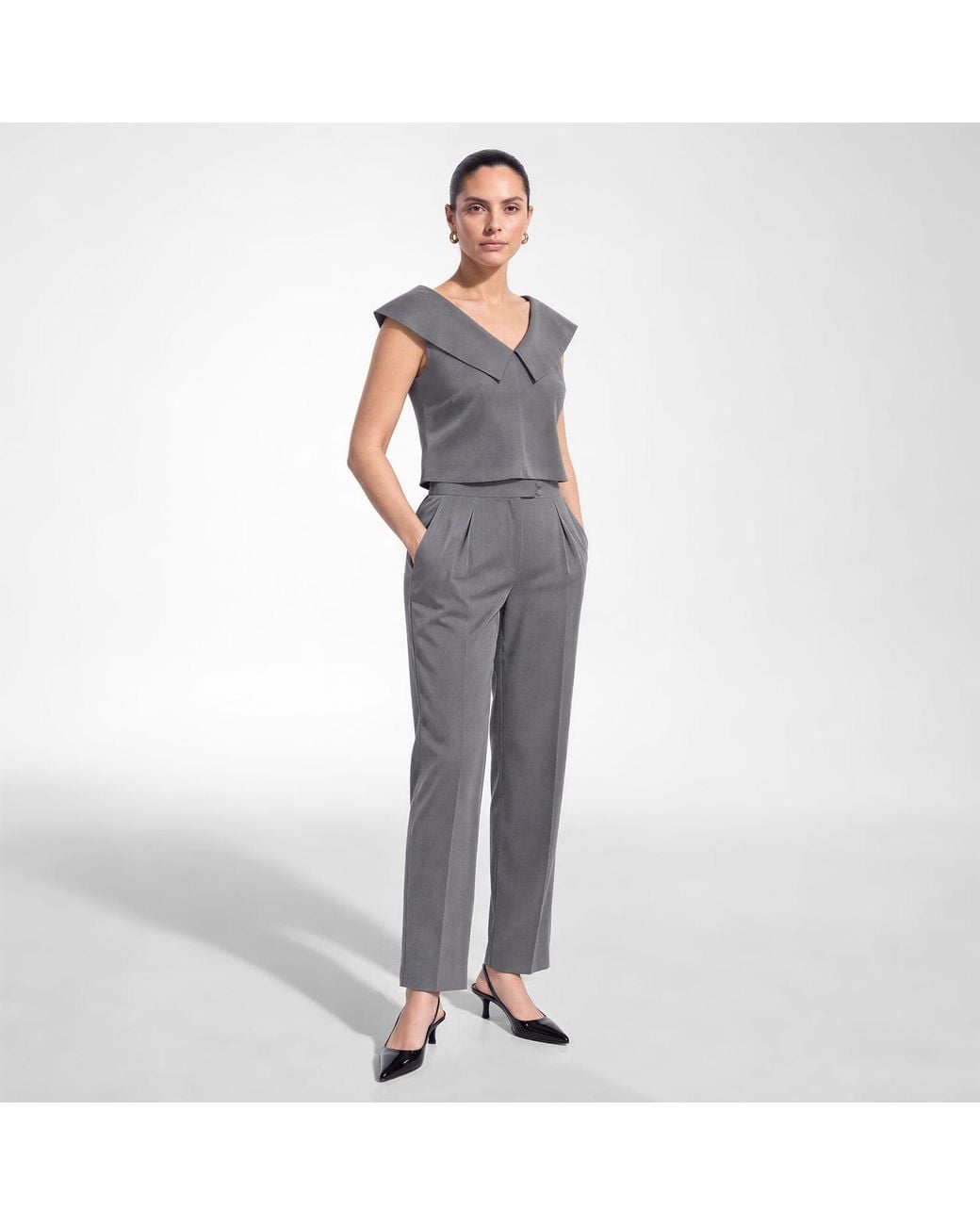 Femponiq Gray Off Shoulder Collared Crop Top