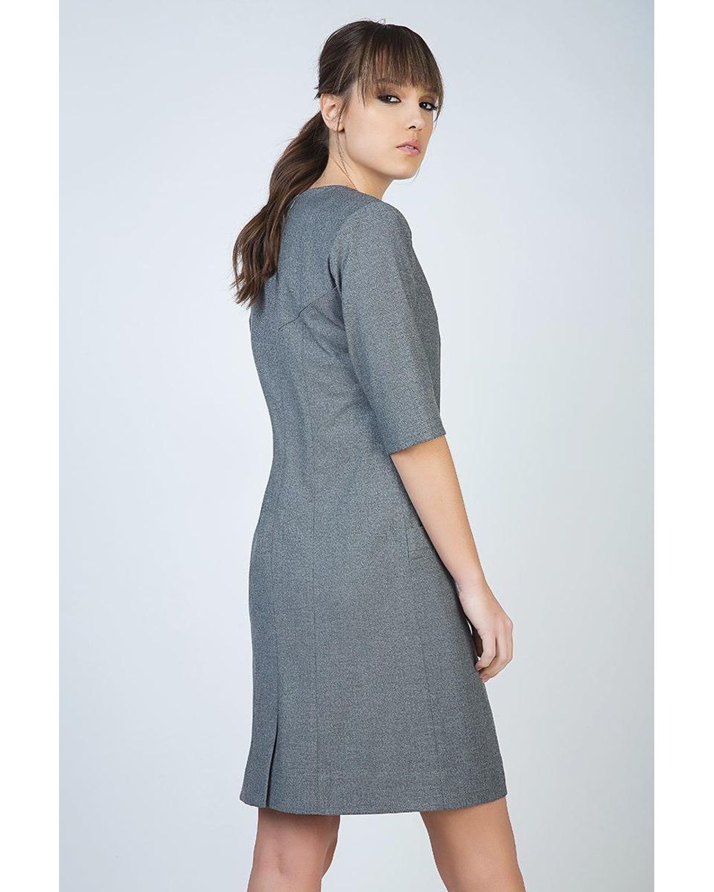 Conquista Gray Elbow Sleeve Straight Tailored Dress