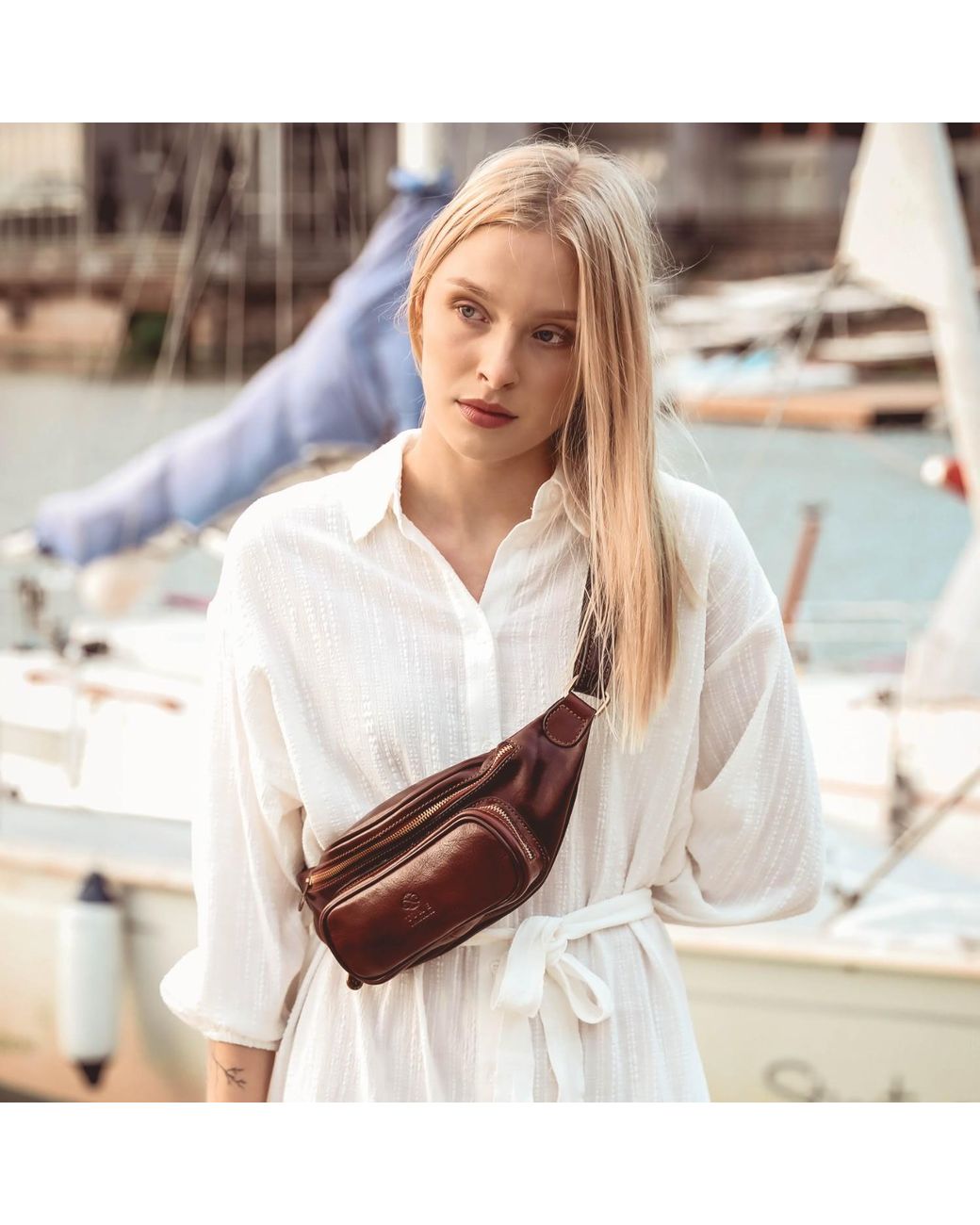 Time Resistance Brown Leather Sling Bag Belly Bag