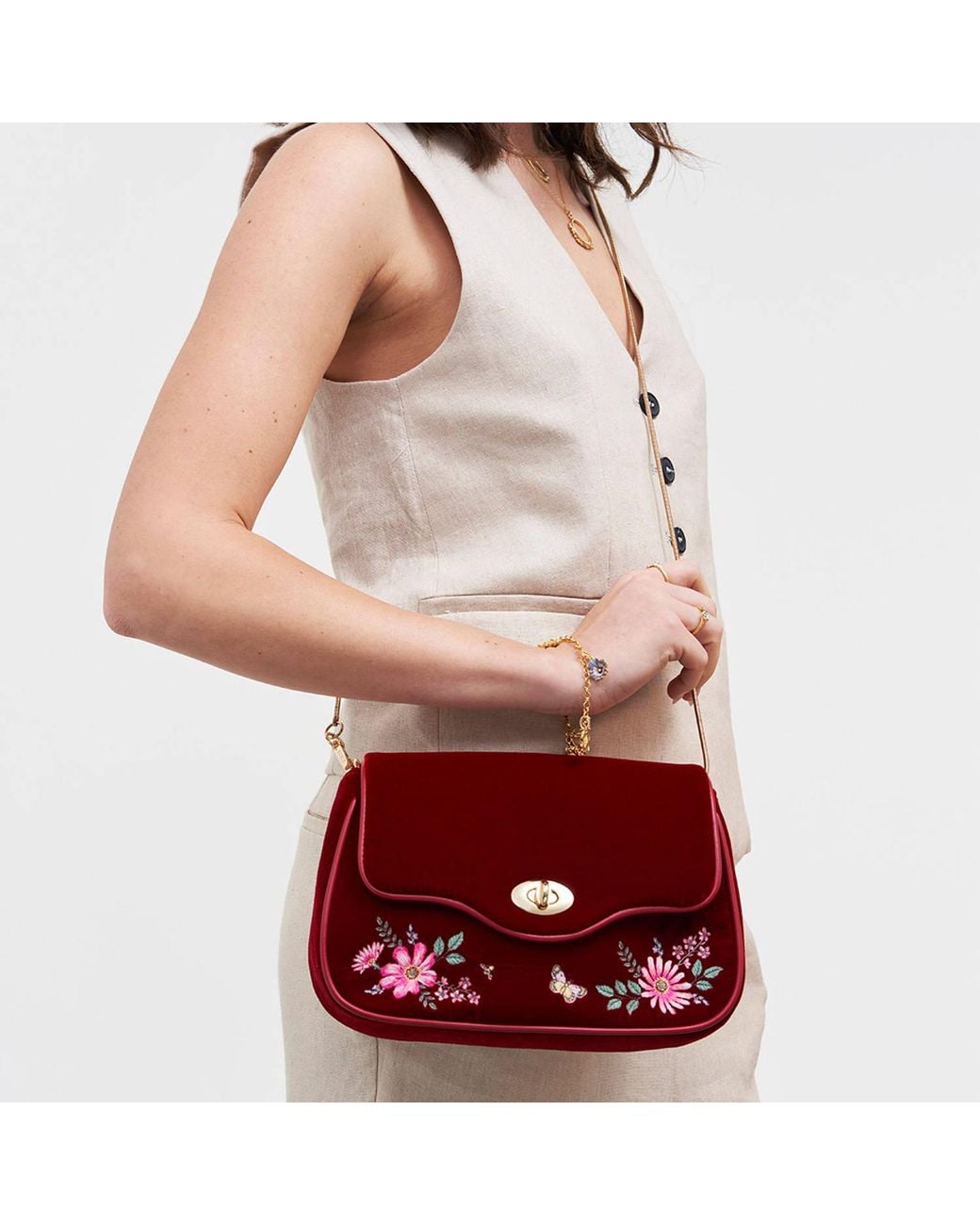 Fable England Mary Floral Embroidered Velvet Clutch