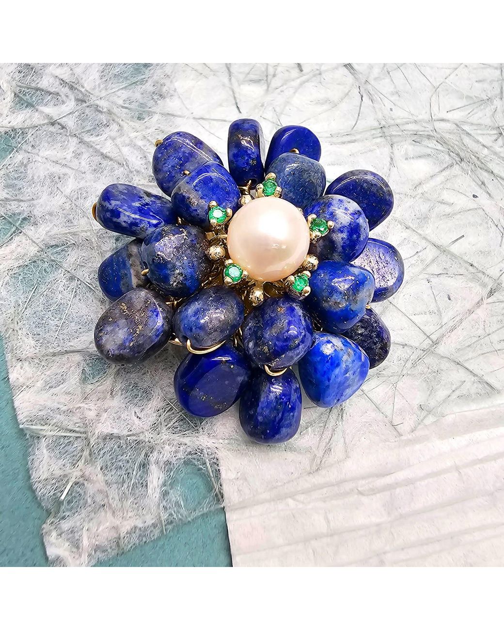 Farra Blue Handcrafted Flower Shaped Lapis Lazuli With Pearl Brooch