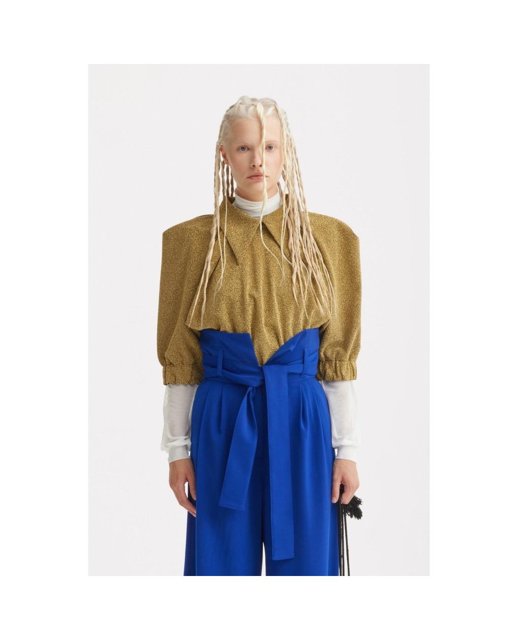 Julia Allert Green Evening Metallic Knit Puff Sleeve Blouse