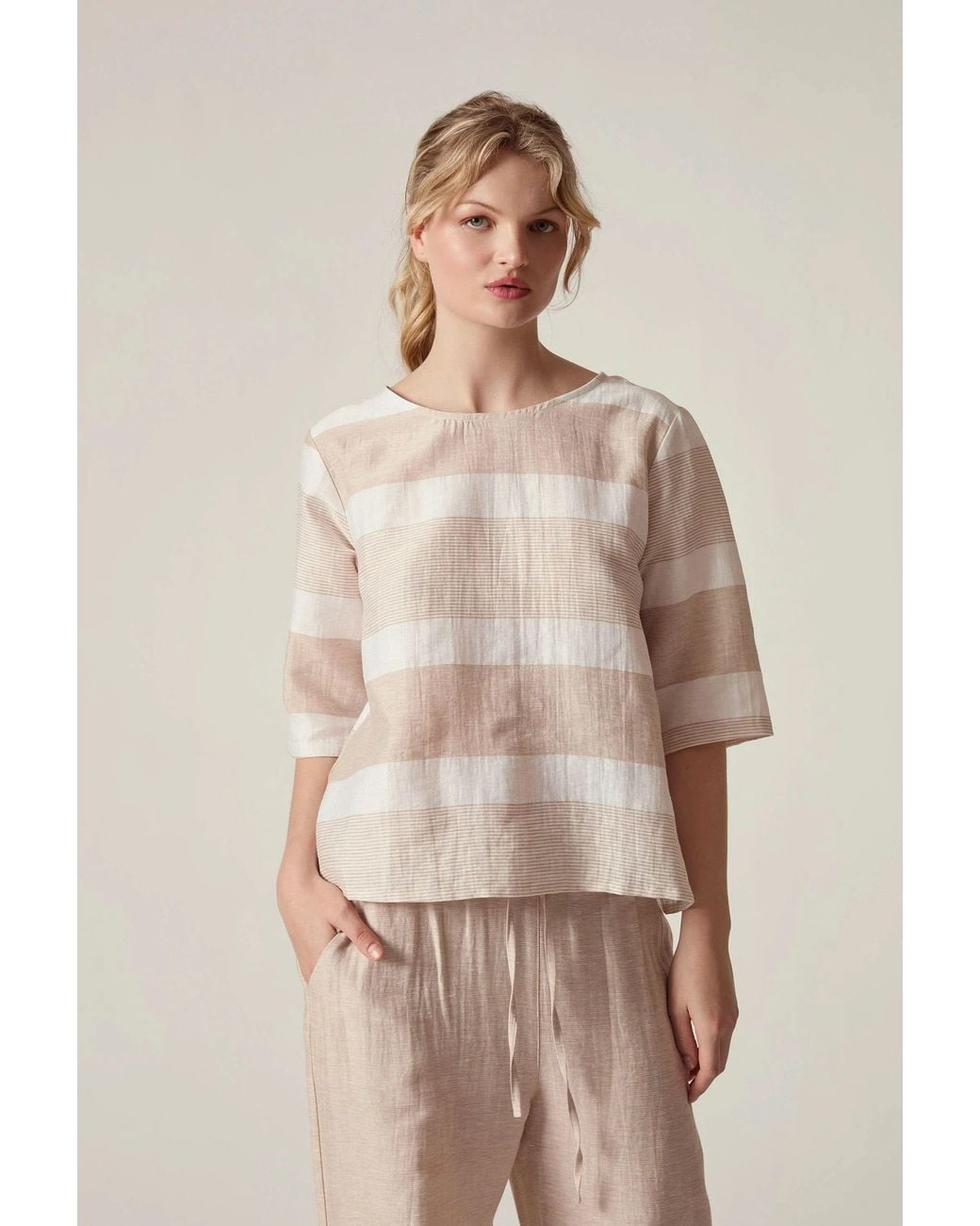 James Lakeland White Neutrals Striped Linen Blend Button-Back Top