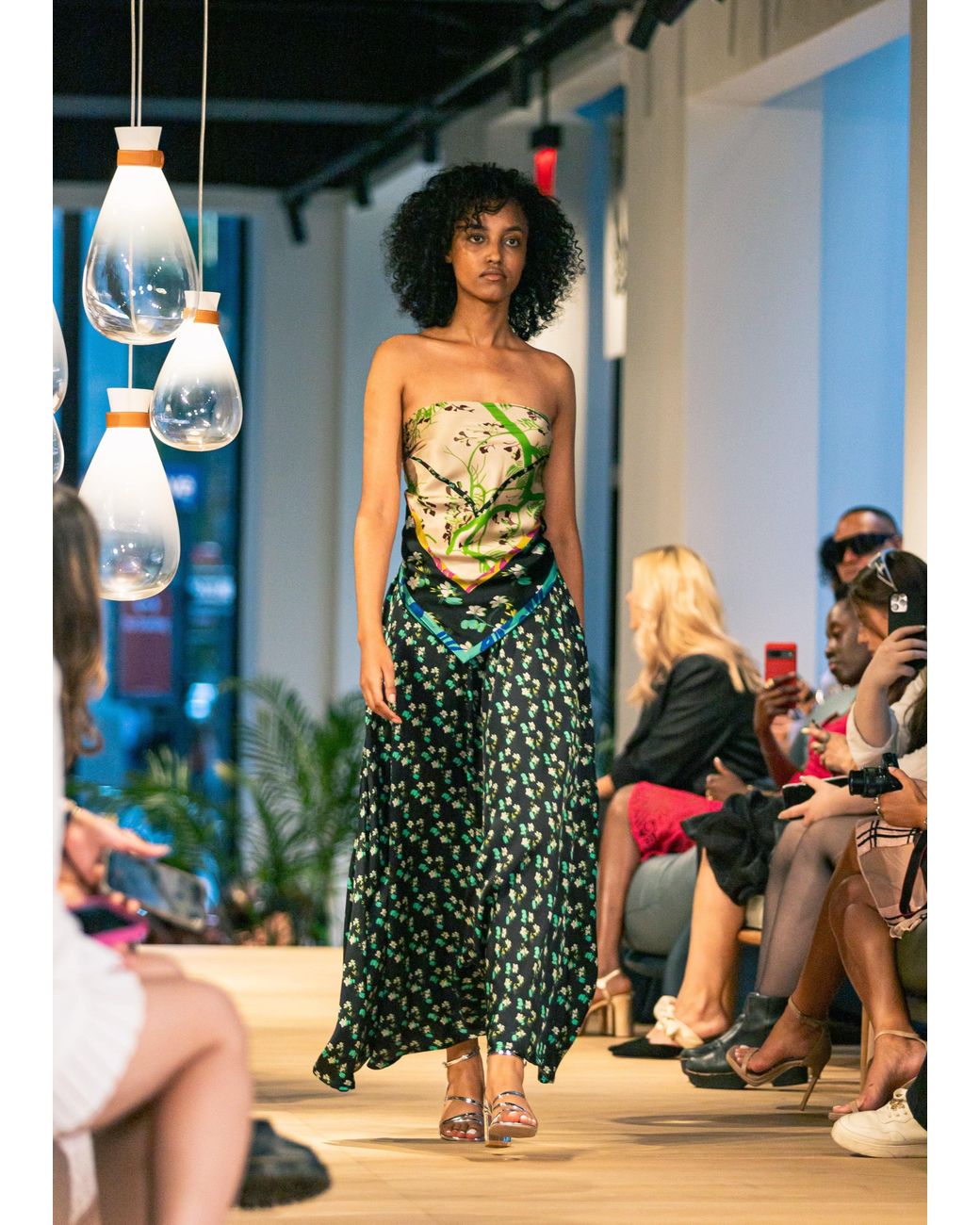 Lost Pattern Green Beach Blossom Satin Midi Skirt