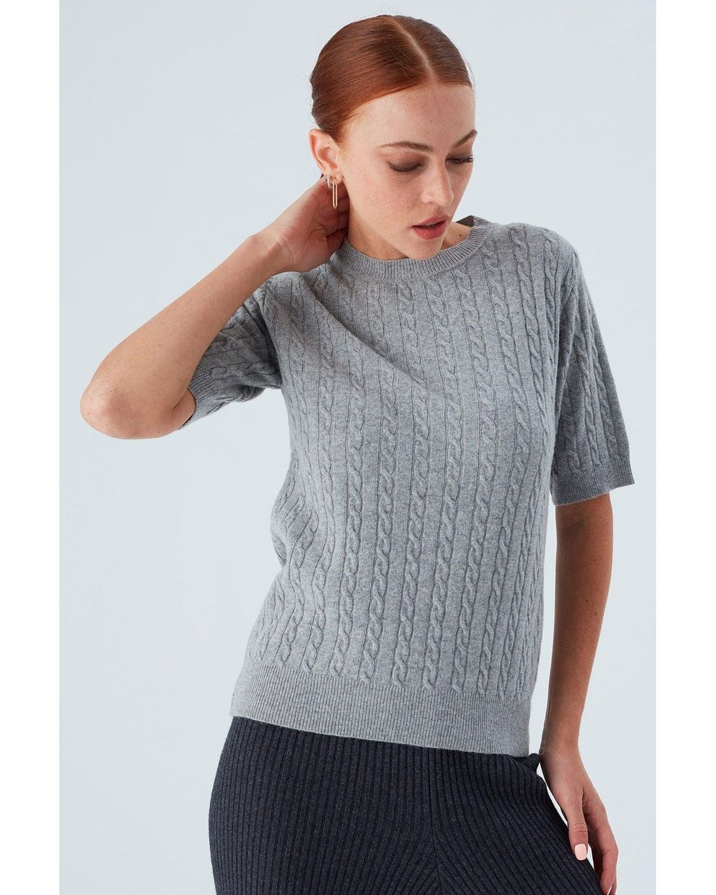 Peraluna Gray Nicole Cable Knit Cashmere Blend Short Sleeve Blouse