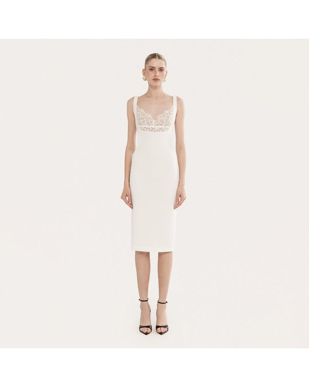 Nissa White Lace-Detail Crepe Midi Dress