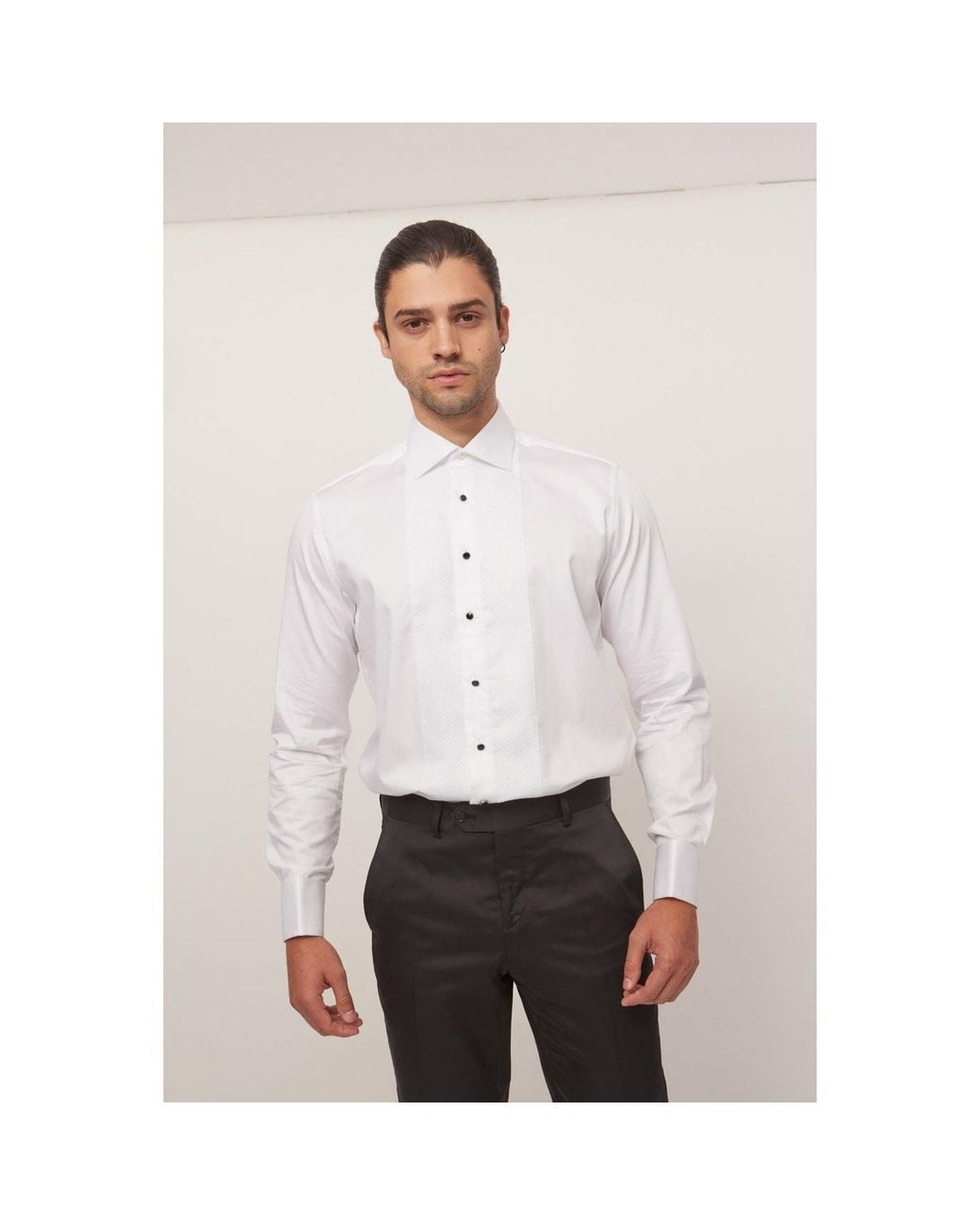 Ron Tomson White Lurex Paneled Spread Collar Shirt for men