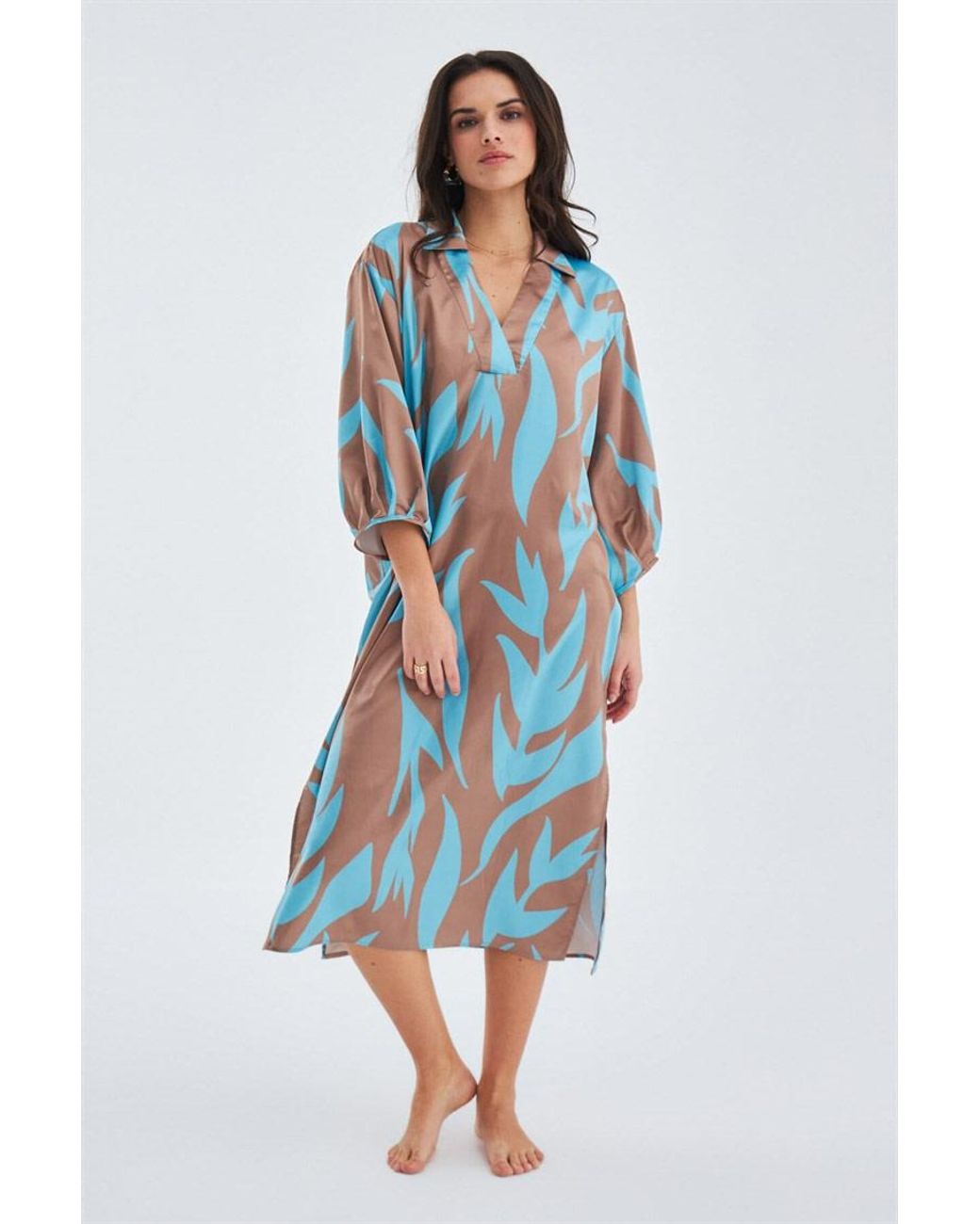 Peraluna Blue Kalinda Loose Fit Seasonal Satin Below-Knee Dress