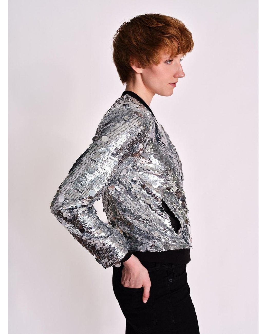Any Old Iron Gray Petal To The Metal Sequin Bomber Jacket