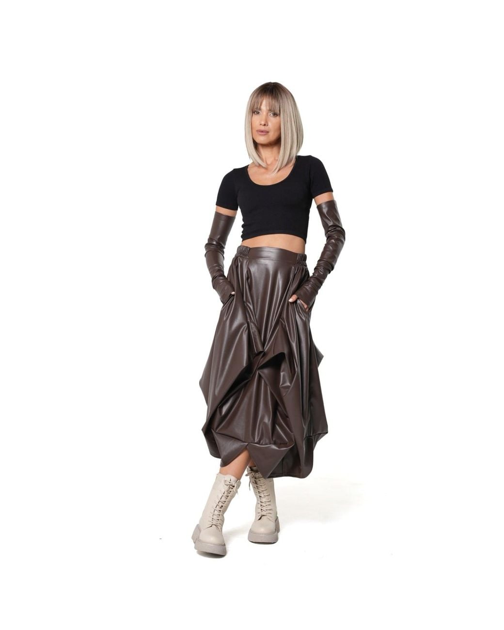 Metamorph Brown Vegan Leather Midi Skirt With Sculptural Folds