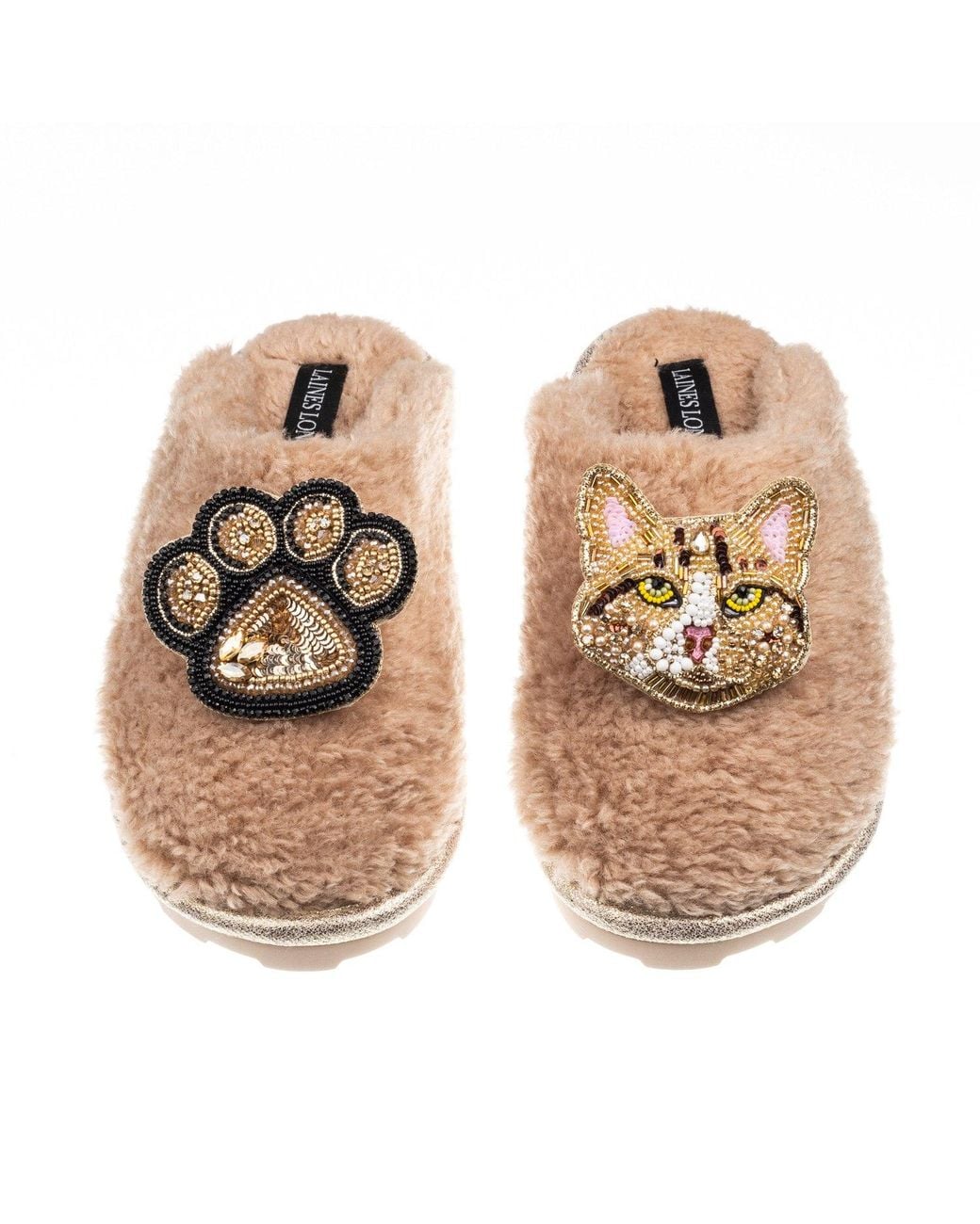 Laines London Metallic Neutrals Teddy Closed Toe Slippers With Tabby Cat & Paw Brooches