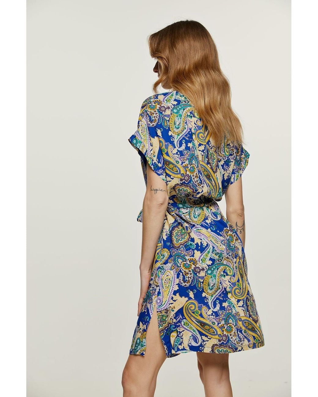 Conquista Blue Paisley Print Dress With Slits