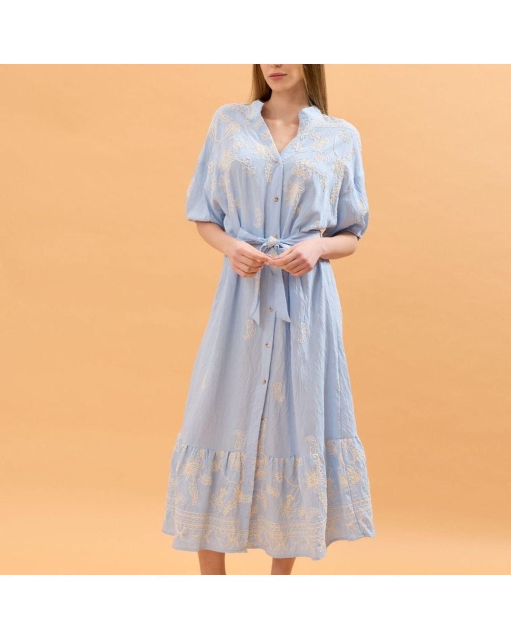 LAtelier London Blue Embroidered Shirt Midi Dress