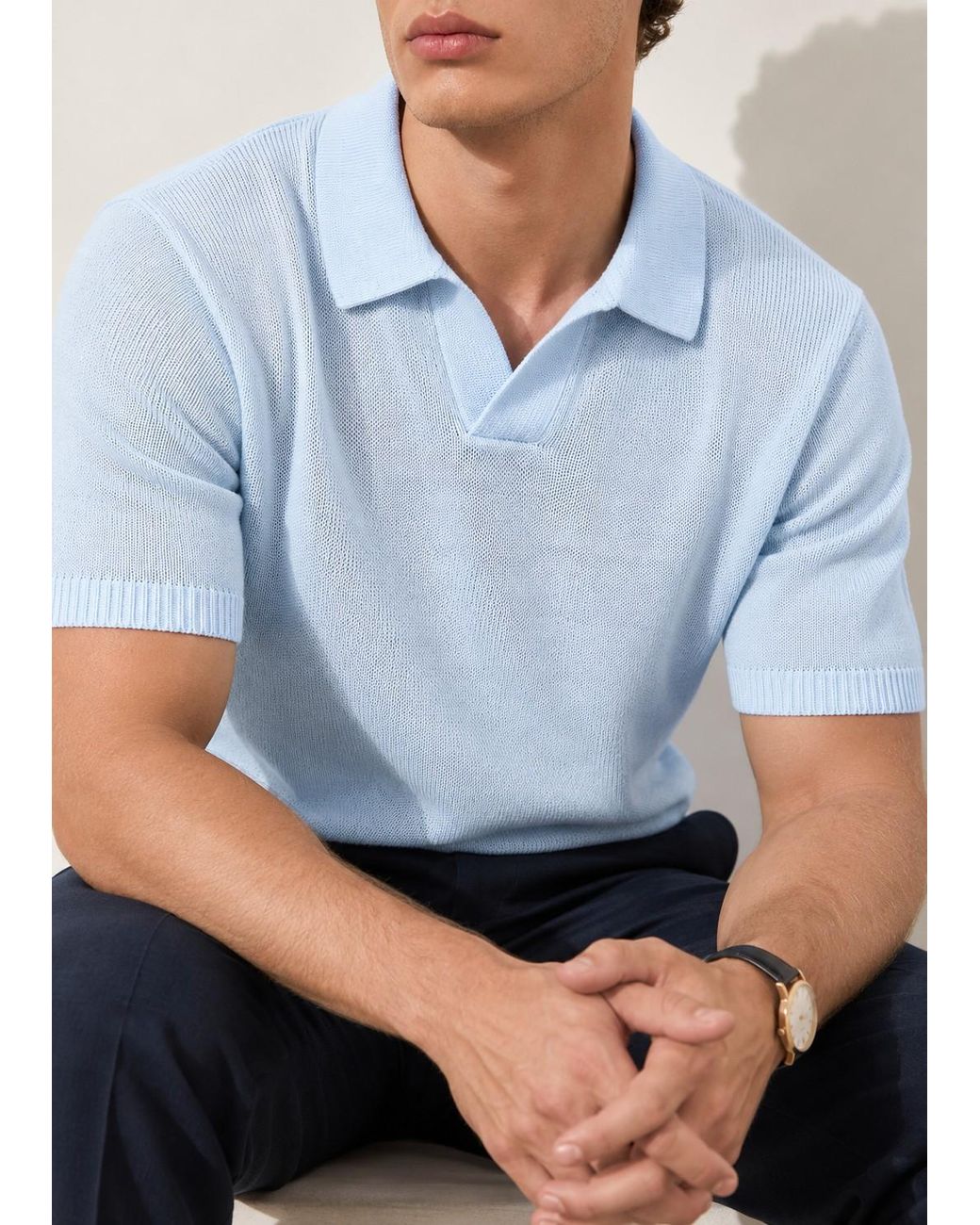 Vayla Blue Fine-Knit Relaxed Fit Open Collar Polo Shirt for men