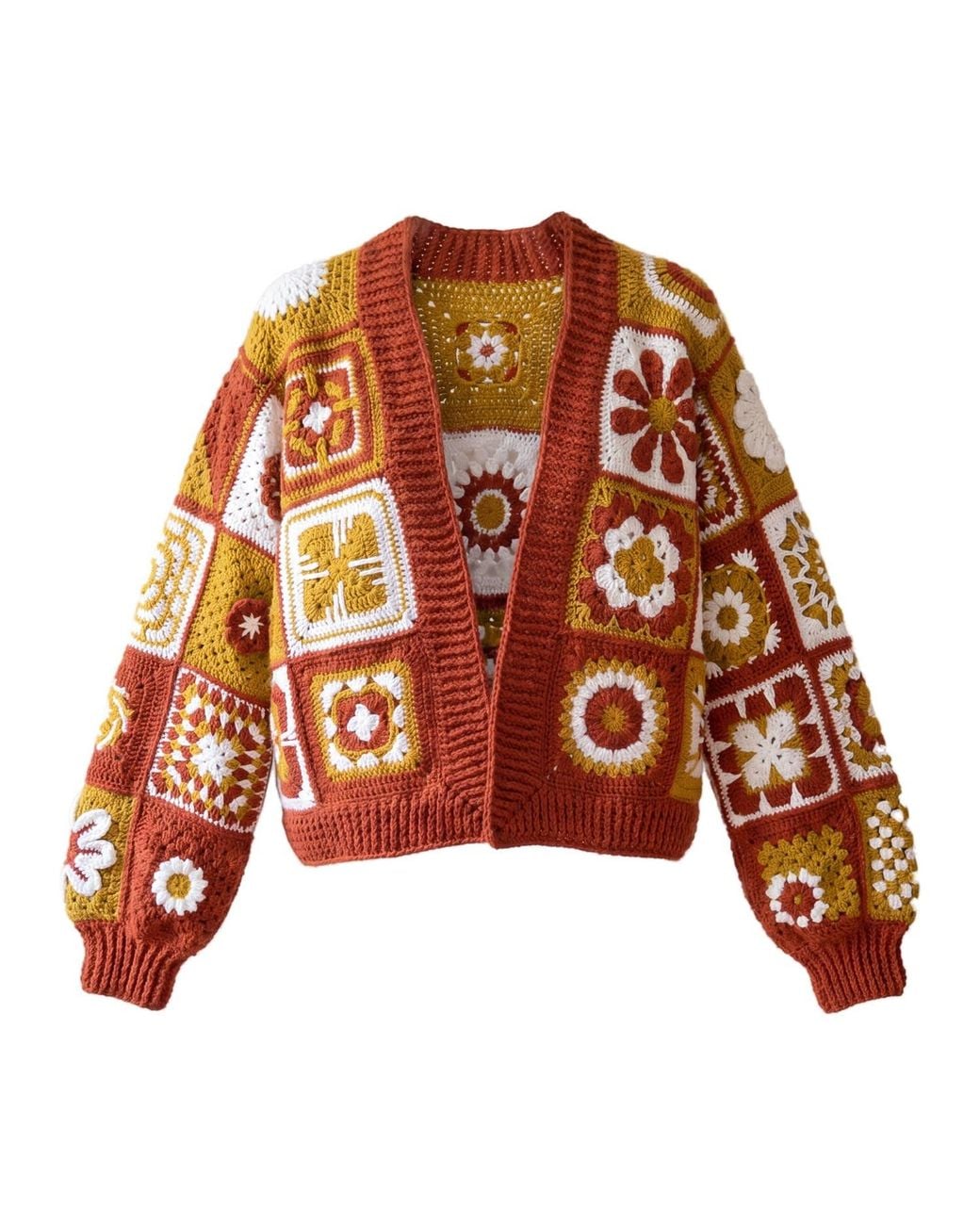 Ana Chic Brown Rust Granny Square Handmade Crochet Cardigan