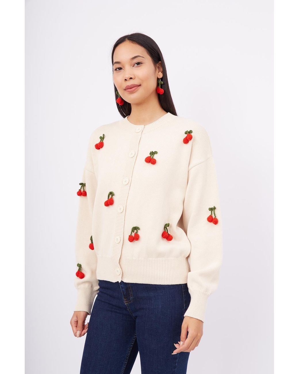 Peraluna Pink Neutrals Cherry Hand Embroidered Cardigan