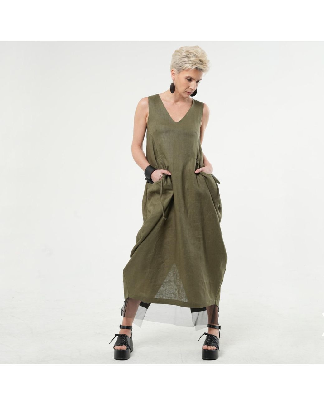 Metamorph Green Long Linen Dress With Oversized Pockets