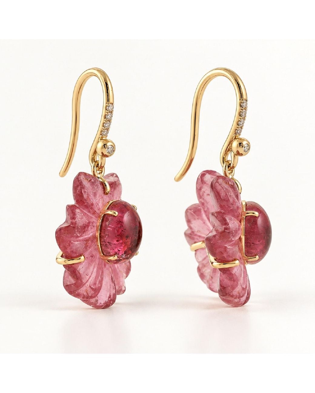 Artisan Red 18K Carved Tourmaline & Diamond Floral Earrings
